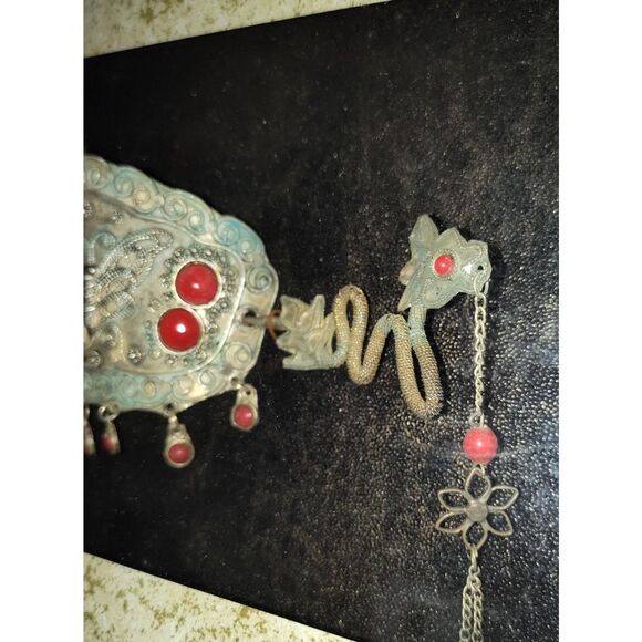 OLD Tibet Silver Hairpin Inlaid Red Coral & Gray Sapphire Dragon in Shadowbox - Picture 2 of 9